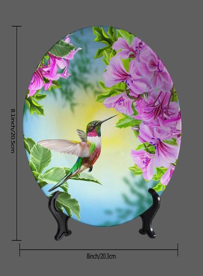 Bictucem Floral Decorative Ceramic Plates, 8 Inch, Bird Hummingbird with Pink Flowers, Round Display Plate, Hanging Decorative Plate with Display Stand, for Display Living Room Kitchen Closet Table Decor - Image 3